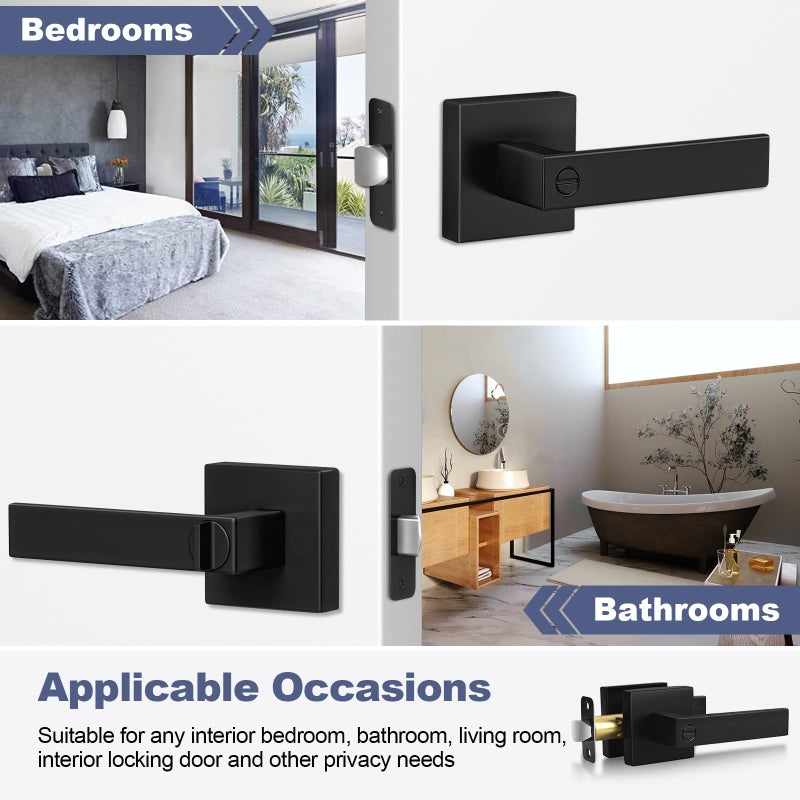 Estmoon 6 Pack Matte Black Door Handle  Keyless Interior Door Knobs Square Privacy Door Levers Heavy Duty Door Locks for Bedroom Bathroom  Reversible Interior Handles for Left & Right Handled Doors - Image 4